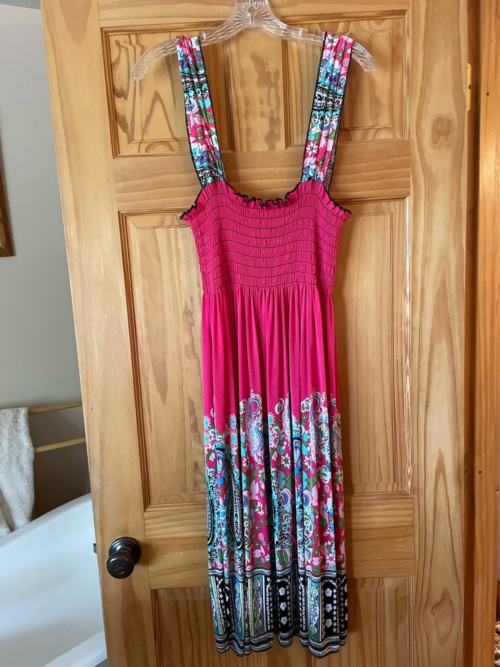 Smocked Pink Midi Dress with Floral-Print Straps #8